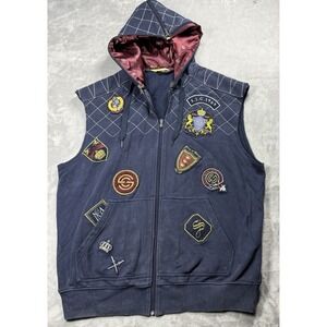 Sean John Hoodie Vest Mens XXL Navy Blue Patch Embroidered Full Zip Sleeveless